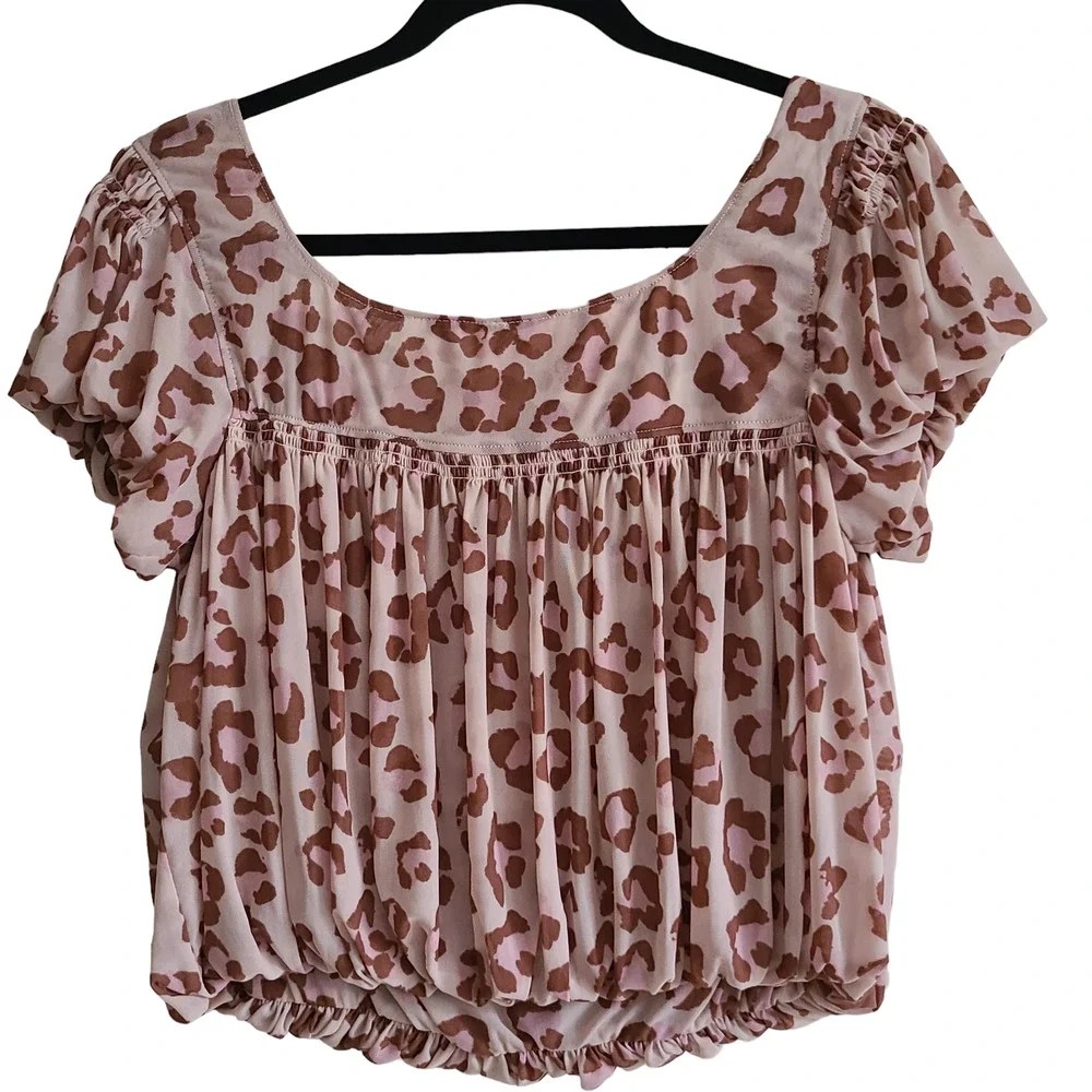 FREE PEOPLE Meg's Leopard Print Cropped Mesh Bubble Hem‎ Top Women's XS